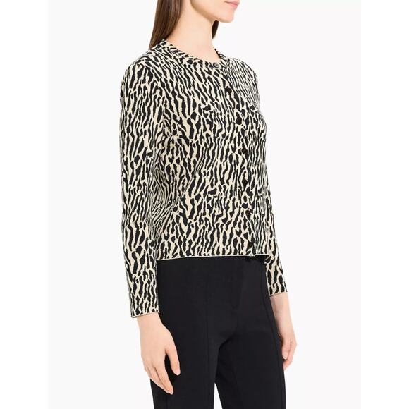 Theory Leopard Jacquard Fitted Cardigan in Cotton Dark Ecru Black Bristol Small - Picture 3 of 7